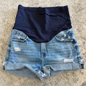 Pink Blush Maternity Denim Shorts with Navy Support Panel - Women's Shorts